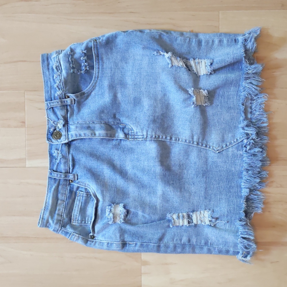 Stretchy Denim Jean Mini Skirt, Distressed, S/ M, Fringed Fitted Stretch Cotton - Picture 2 of 12